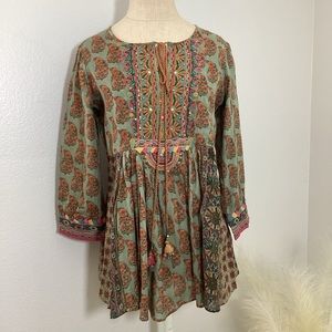 Ritu Kumar Boho Blouse SZ Small NWOT Tie Detail Embroidery Beautiful Fall Colors